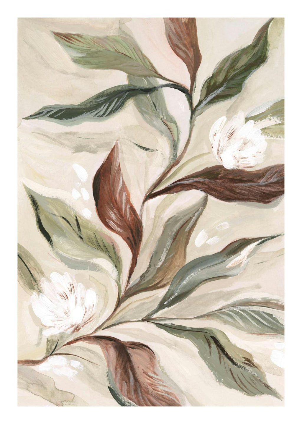 Affiche botanique rustique, feuilles vertes et brunes, fleurs blanches sur fond crème. Art mural nature.