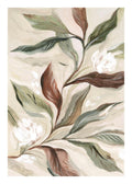 Affiche botanique rustique, feuilles vertes et brunes, fleurs blanches sur fond crème. Art mural nature.