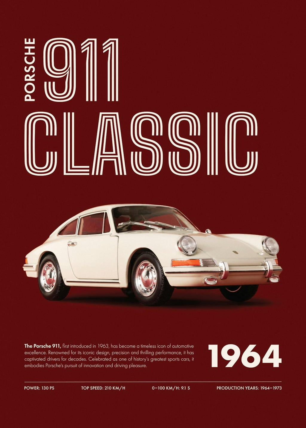 Affiche dune Porsche 911 classique blanche sur fond rouge, avec texte descriptif et typographie épurée