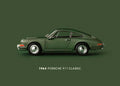 Affiche dune Porsche 911 verte de 1964, vue de profil sur un fond vert uni.