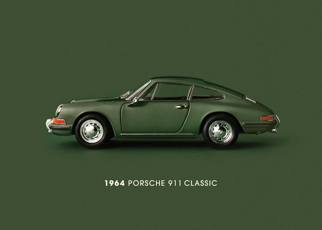 Affiche dune Porsche 911 verte de 1964, vue de profil sur un fond vert uni.