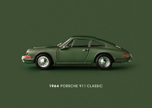 Affiche dune Porsche 911 verte de 1964, vue de profil sur un fond vert uni.