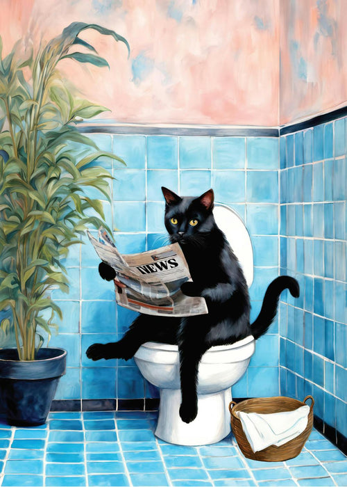 Affiche dun chat noir assis sur des toilettes, lisant un journal, dans une salle de bain aux carreaux bleus.