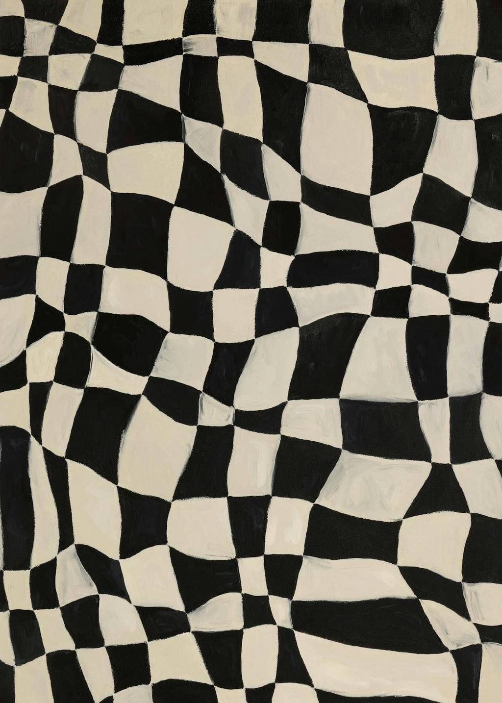 Affiche abstraite avec des carreaux noirs et blancs ondulés, créant un motif damier déformé.