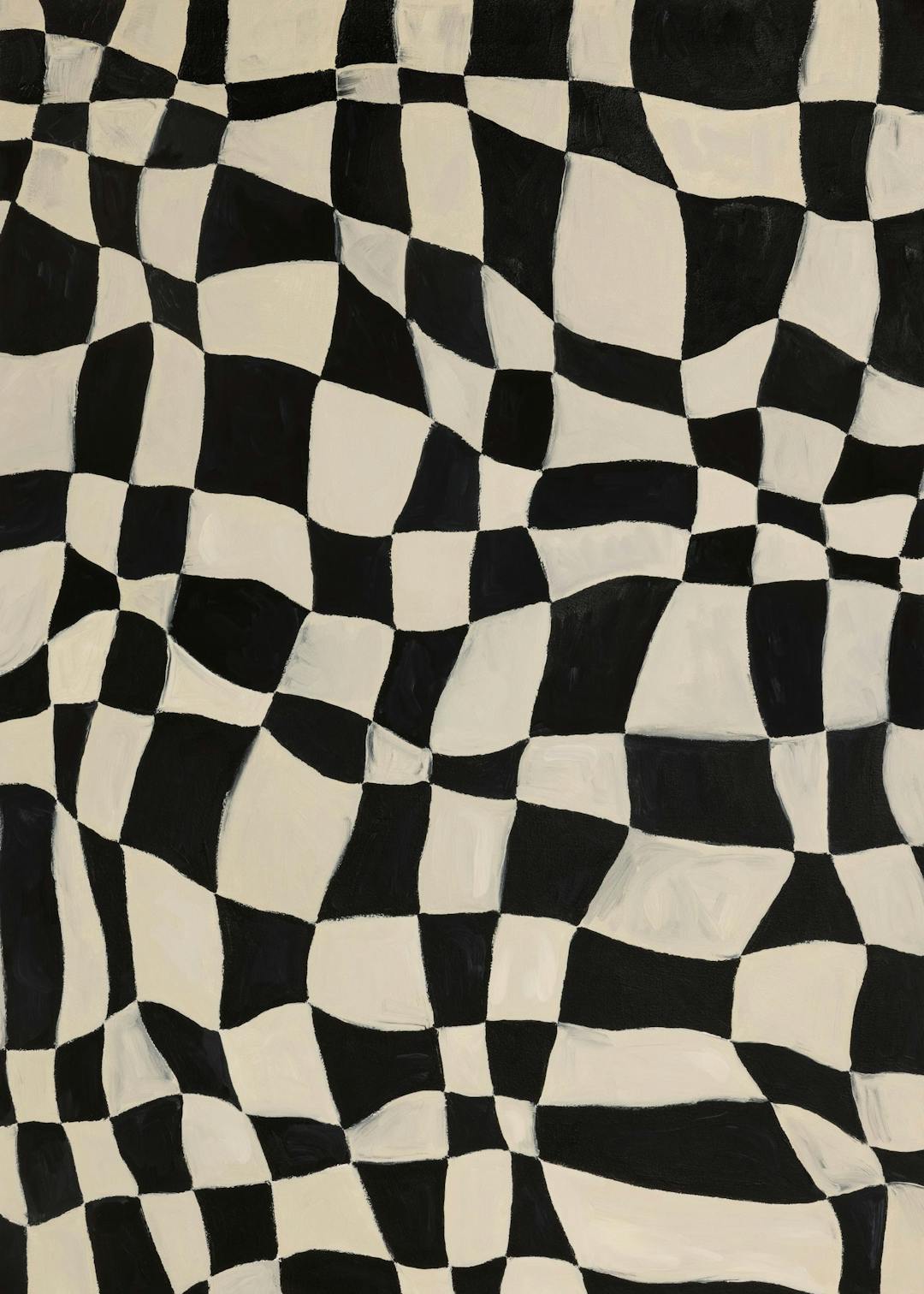 Affiche abstraite avec des carreaux noirs et blancs ondulés, créant un motif damier déformé.