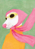 Affiche dun chien blanc en tenue de pilote rose et jaune sur fond vert.