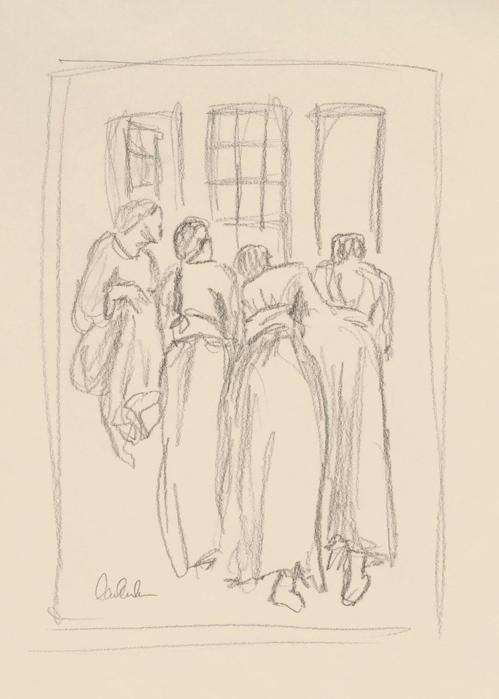Affiche dun croquis au crayon représentant quatre femmes de dos, regardant à travers des fenêtres.