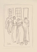 Affiche dun croquis au crayon représentant quatre femmes de dos, regardant à travers des fenêtres.