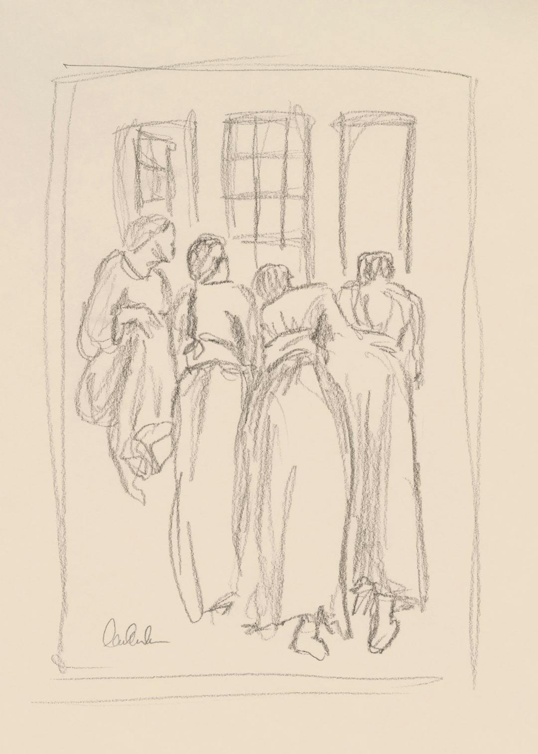 Affiche dun croquis au crayon représentant quatre femmes de dos, regardant à travers des fenêtres.