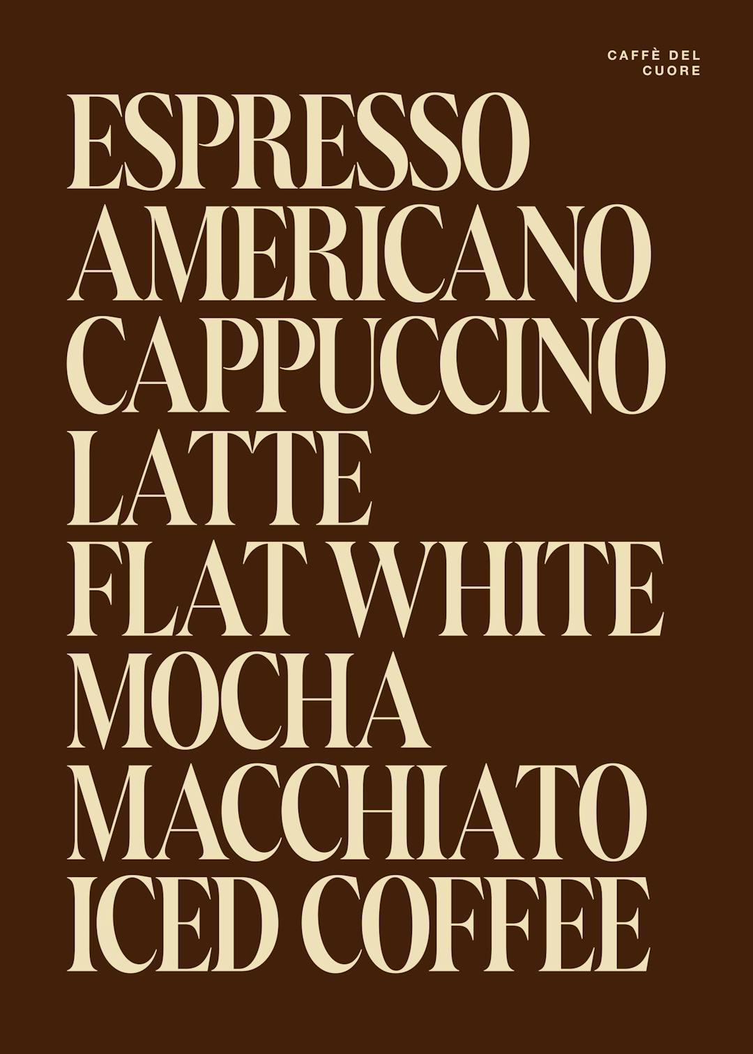 Affiche de menu de café marron avec une liste de boissons en texte crème comme Espresso, Americano, Cappuccino, Latte.