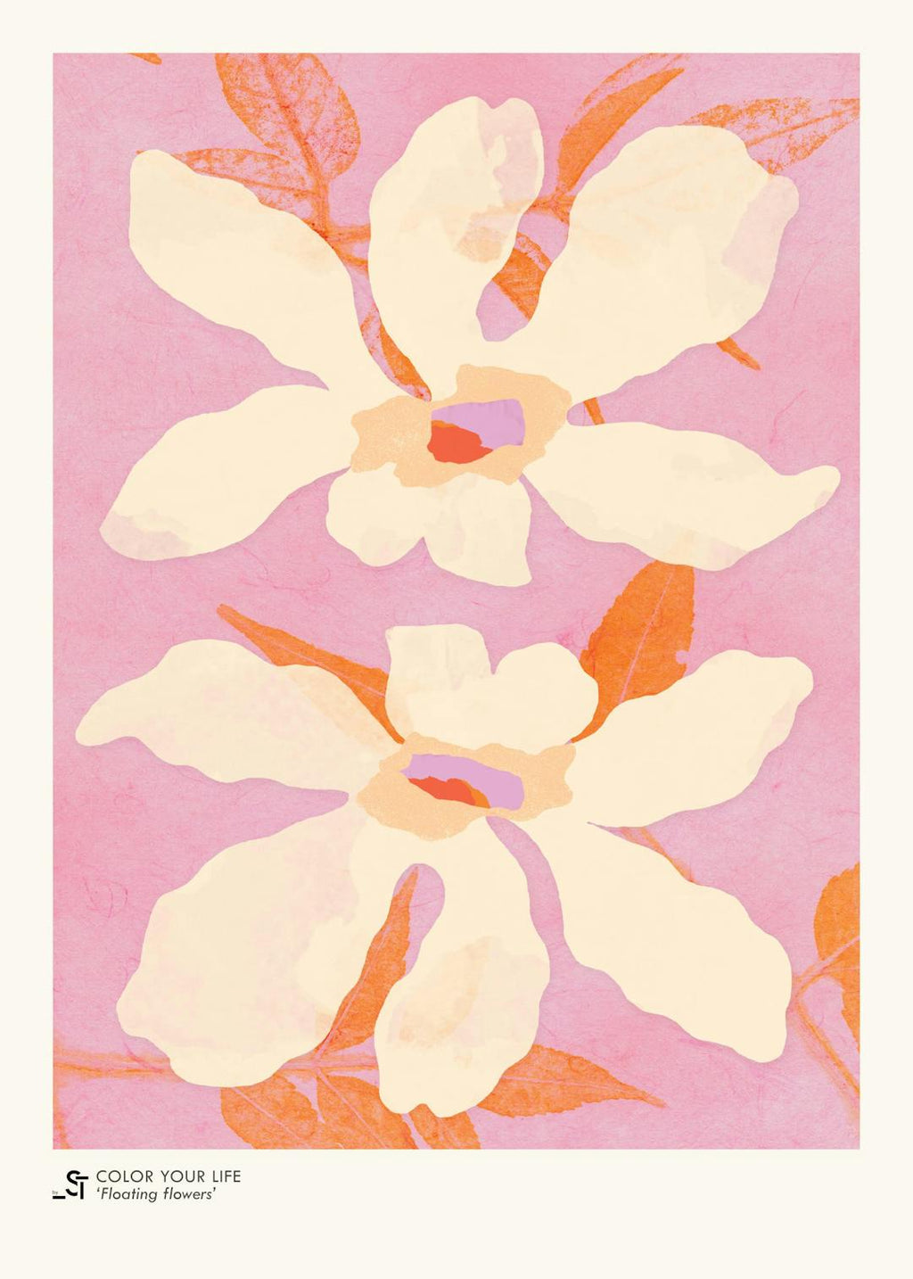 Affiche de deux fleurs beige clair avec des pétales ondulés et des feuilles orange sur un fond rose