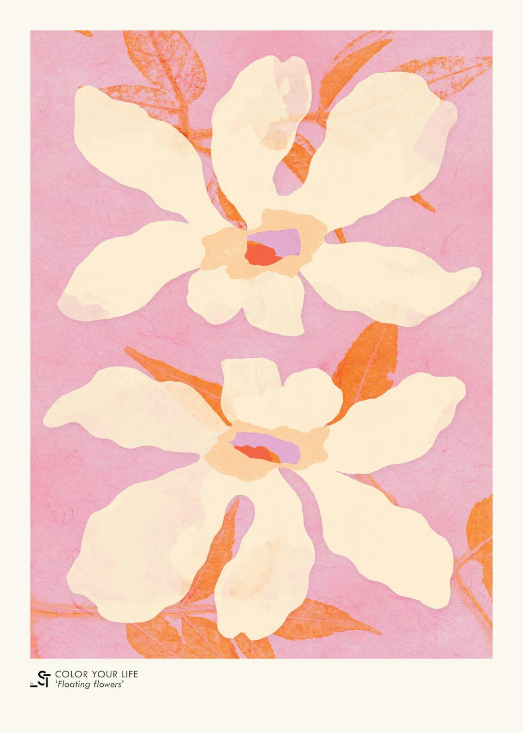 Affiche de deux fleurs beige clair avec des pétales ondulés et des feuilles orange sur un fond rose