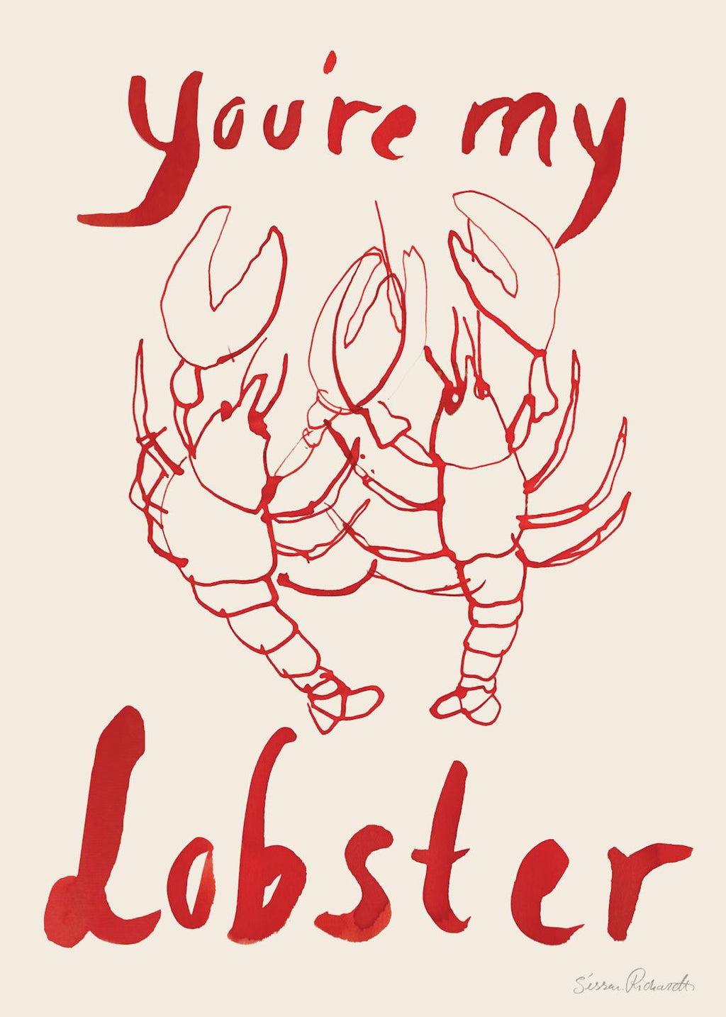 Affiche typographique beige avec texte rouge Youre My Lobster et deux homards se tenant la main