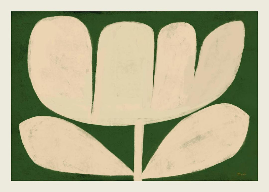 Affiche de fleur abstraite avec des pétales beiges sur fond vert foncé