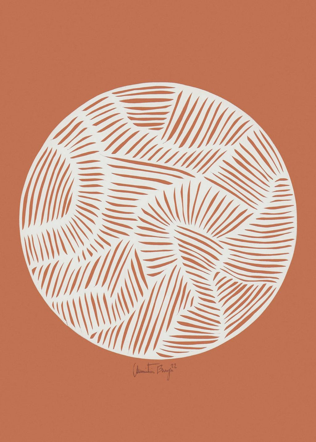 Affiche minimaliste avec un cercle blanc rempli de lignes abstraites orange sur fond orange, par Little Detroit