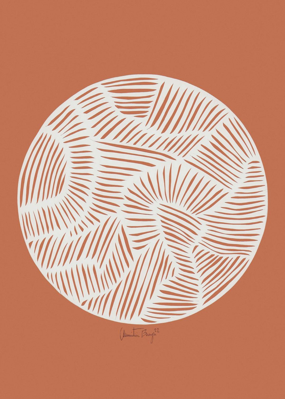 Affiche minimaliste avec un cercle blanc rempli de lignes abstraites orange sur fond orange, par Little Detroit