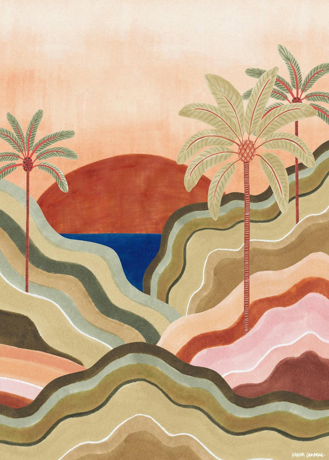 Affiche paysage abstrait avec palmiers, soleil levant et mer aux couleurs terreuses et chaudes
