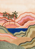 Affiche colorée contemporaine dun paysage aux palmiers et montagnes ondulantes en vert et rose, avec un lac bleu.
