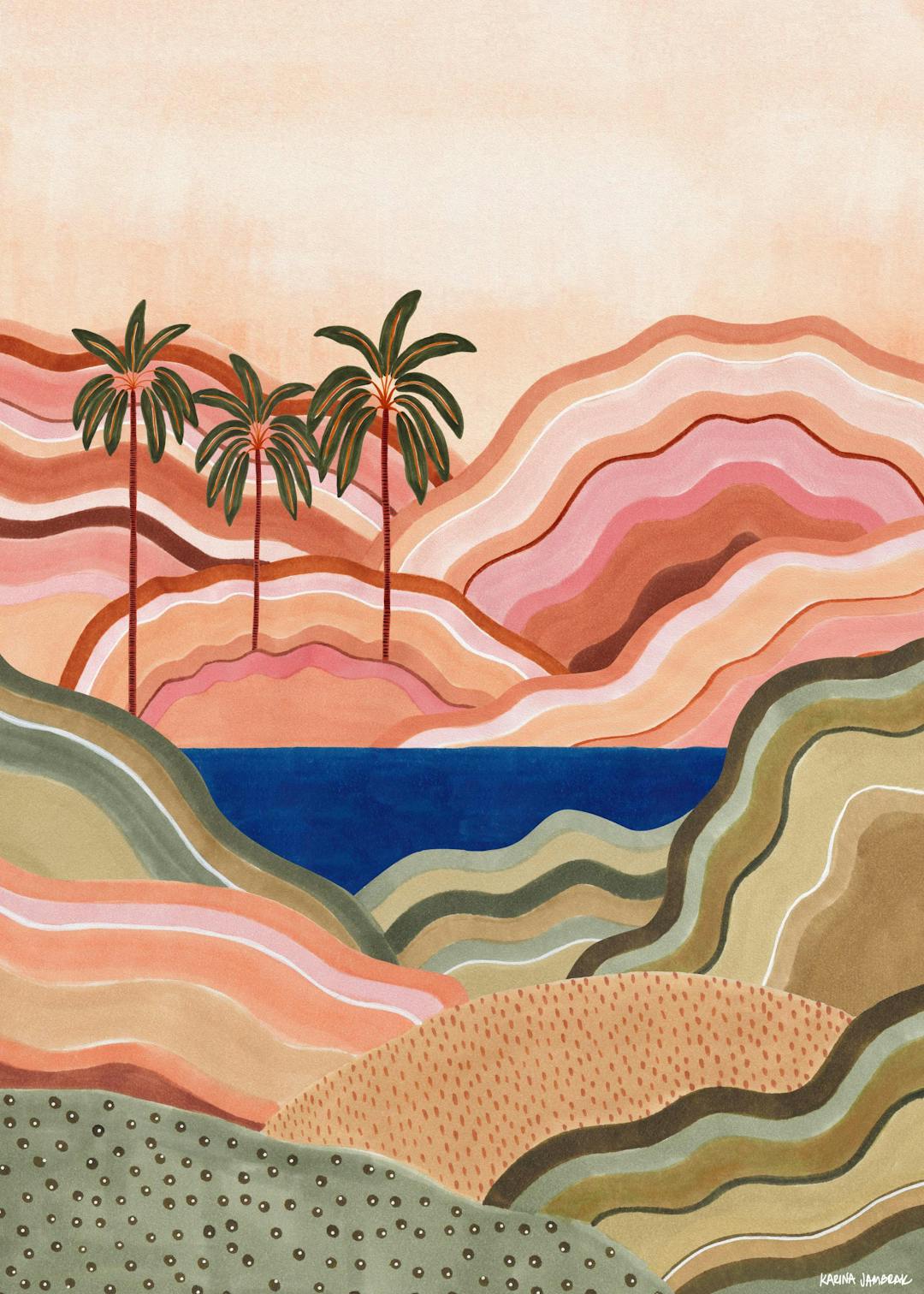 Affiche colorée contemporaine dun paysage aux palmiers et montagnes ondulantes en vert et rose, avec un lac bleu.