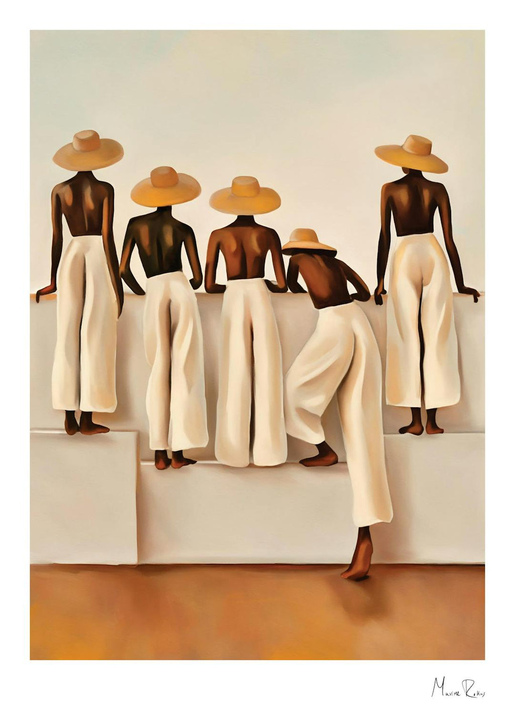 Affiche dun groupe de cinq femmes noires aux chapeaux de paille et pantalons clairs, dos tourné.