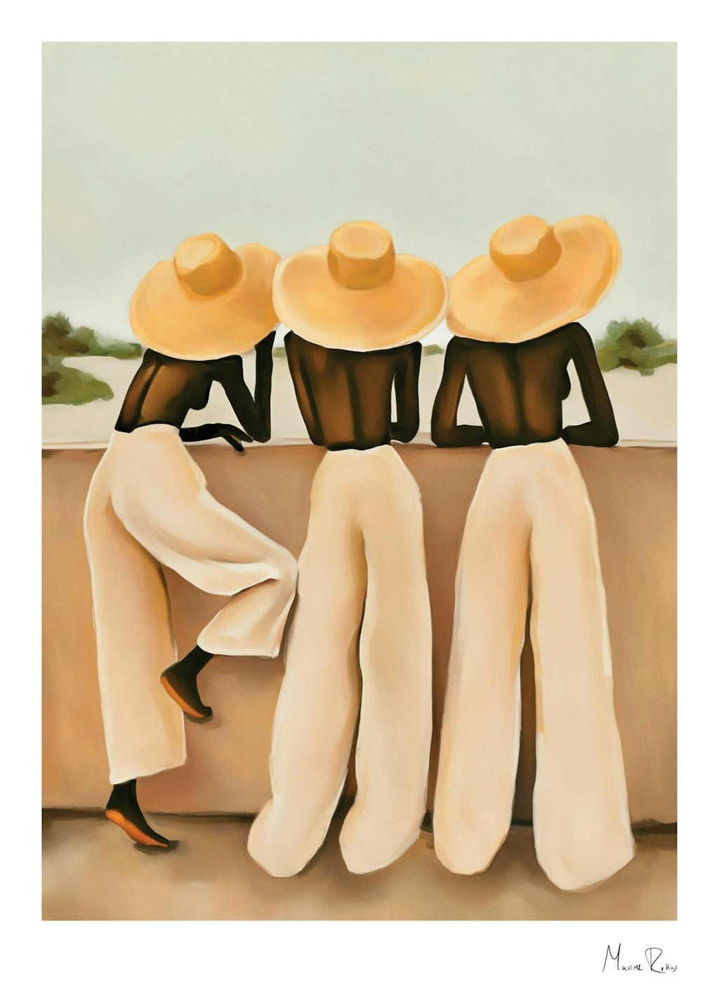 Affiche de trois femmes noires avec des chapeaux de paille, vêtues de pantalons clairs, accoudées à un mur.