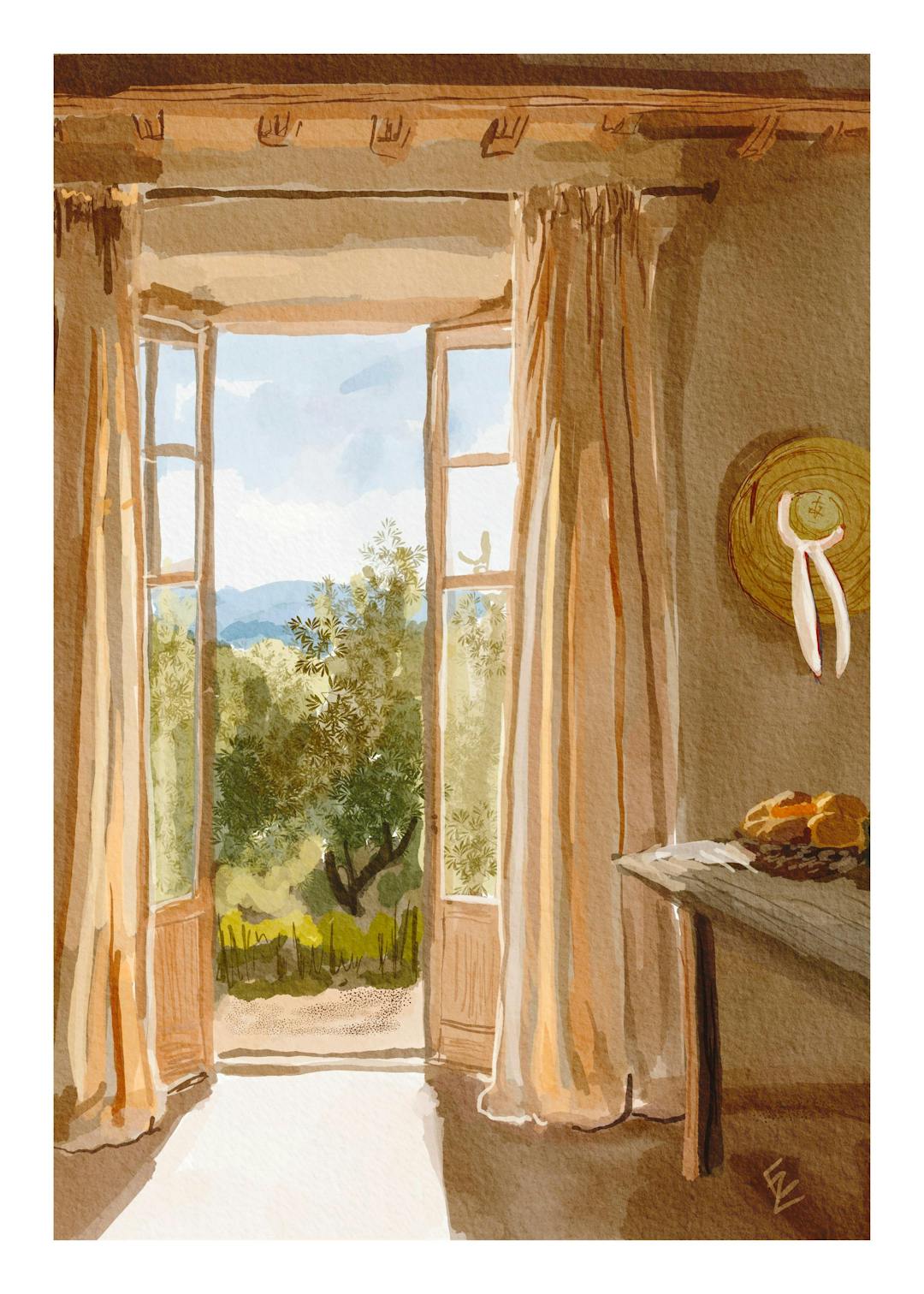 Affiche dune vue de lextérieur à travers une porte-fenêtre ouverte, avec un chapeau de paille et du pain sur une table en bois.