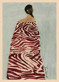 Affiche dune femme de dos, vêtue dune robe motif zèbre bordeaux et beige sur fond bleu clair.