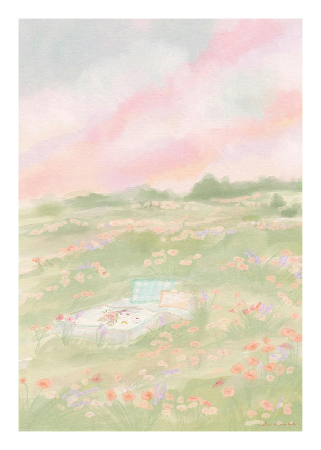 Affiche dun champ de fleurs pastel avec une nappe de pique-nique et des coussins, sous un ciel rose.