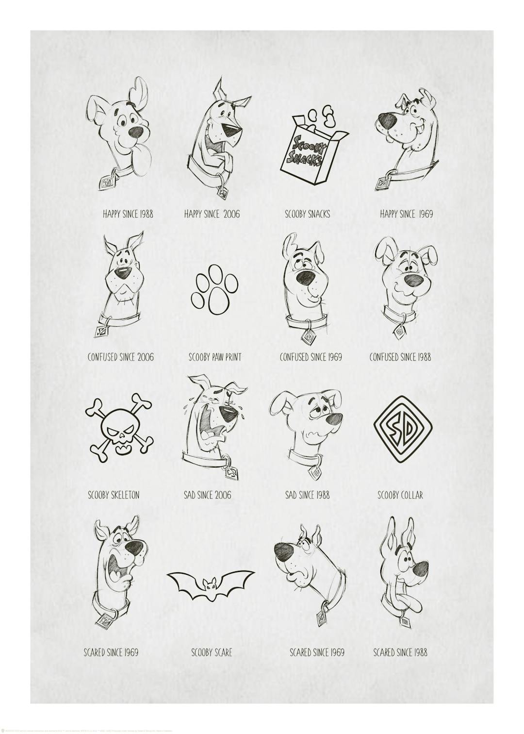 Affiche Scooby-Doo avec des croquis en noir et blanc illustrant les différentes émotions et la personnalité du personnage, pour 