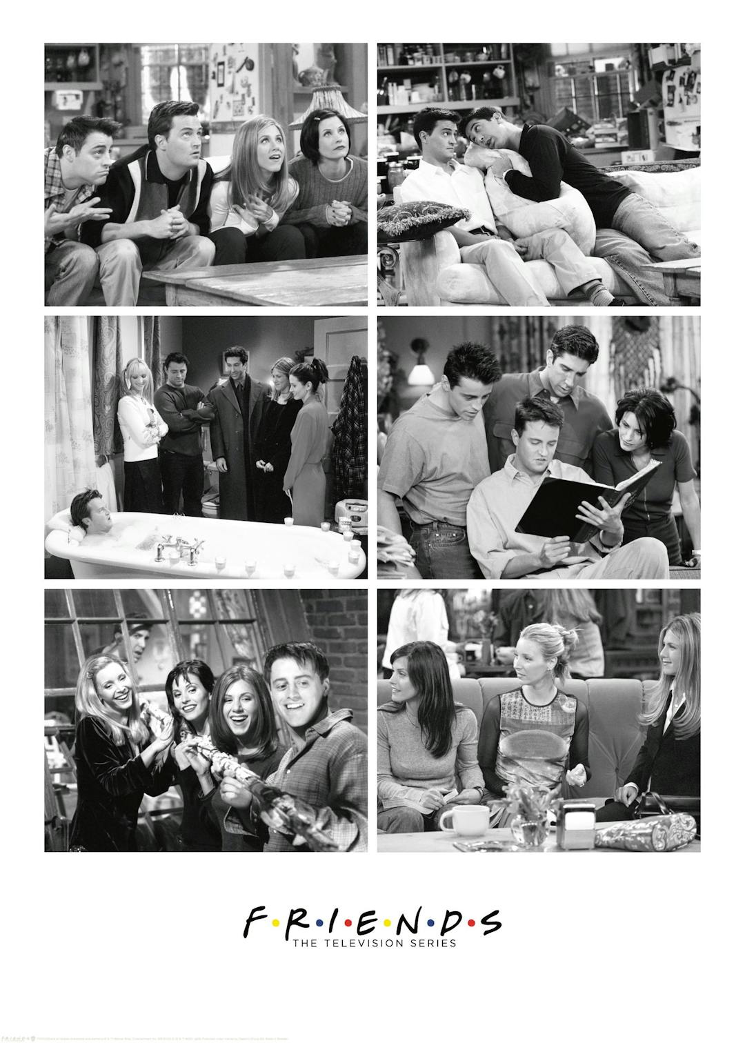 Affiche Friends en noir et blanc, collage de photos granuleuses des personnages principaux dans une ambiance décontractée.