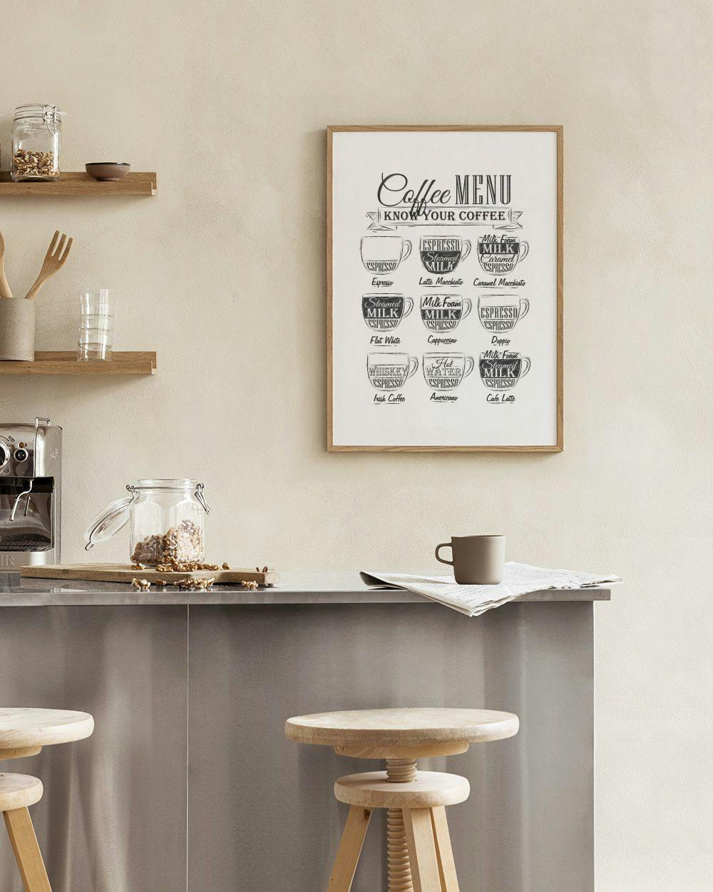 Affiche Coffee Menu avec types de café illustrés, posée sur un plateau blanc devant un mur en marbre.