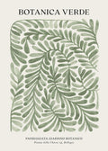 Affiche Botanica Verde avec des feuilles vertes en aquarelle sur fond clair, texte « Botanica verde » en haut et texte plus peti