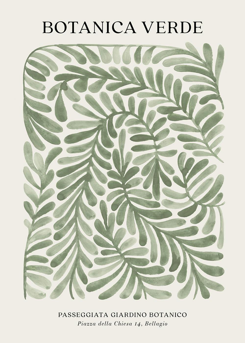 Affiche Botanica Verde avec des feuilles vertes en aquarelle sur fond clair, texte « Botanica verde » en haut et texte plus peti