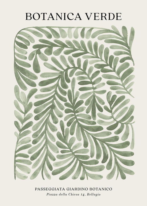 Affiche Botanica Verde avec des feuilles vertes en aquarelle sur fond clair, texte « Botanica verde » en haut et texte plus peti