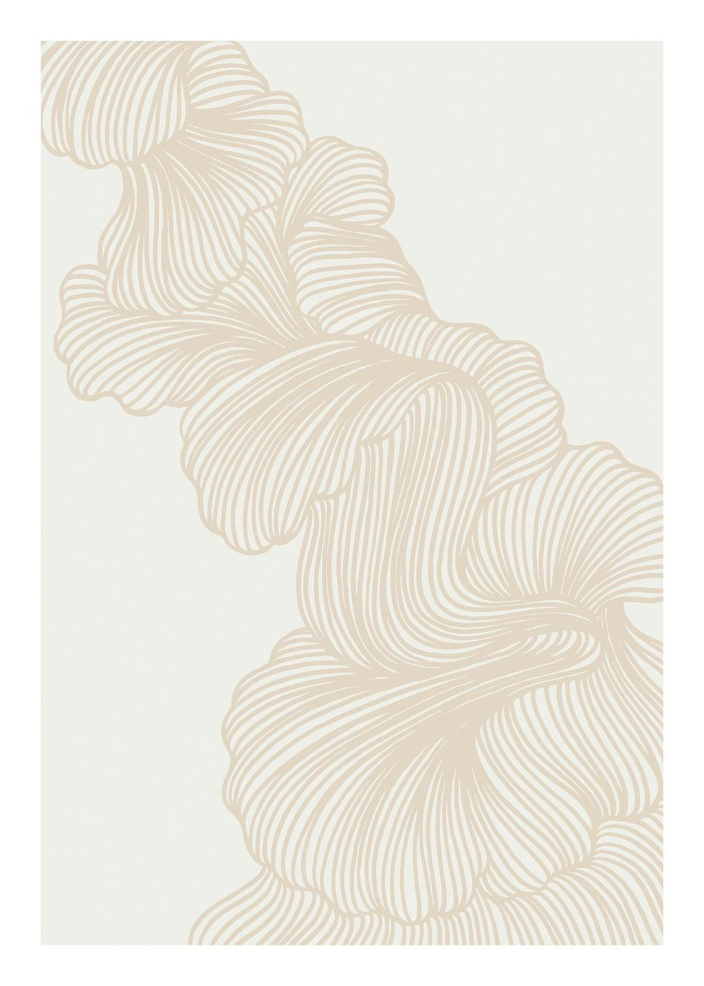 Affiche avec un design de lignes beiges abstraites formant des formes organiques et fluides sur fond clair.