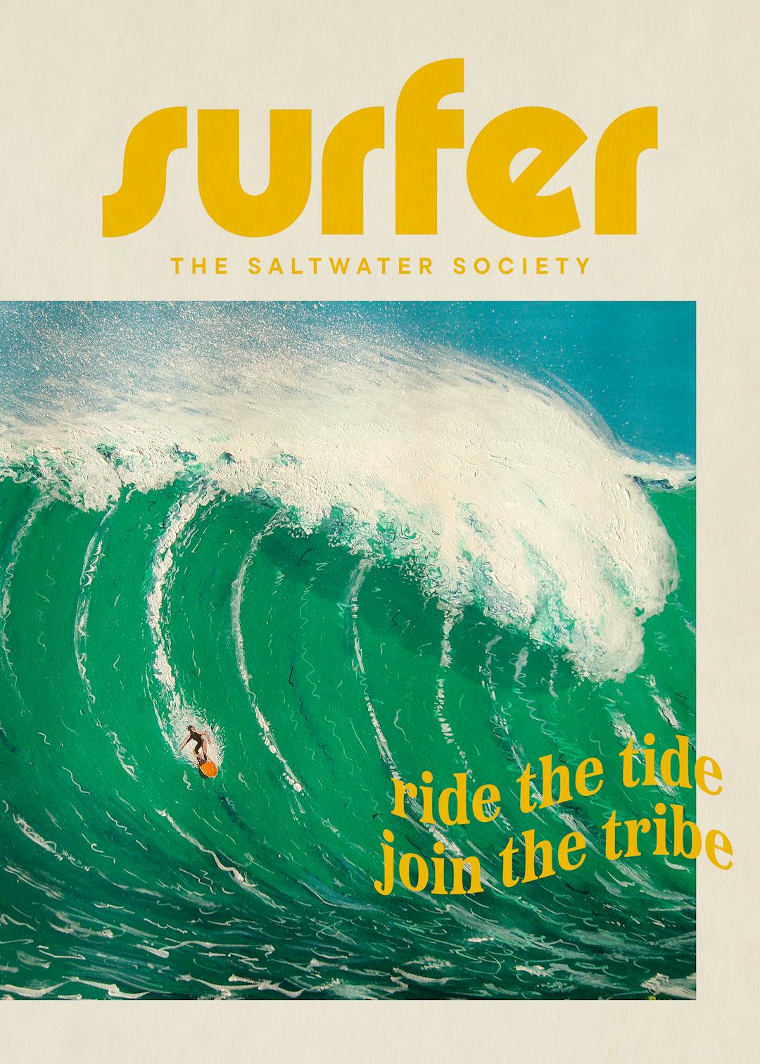 Affiche Surfer vintage avec grand rouleau vert, surfer sur sa planche, et texte jaune ride the tide join the tribe.