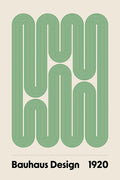 Affiche Bauhaus design avec des formes géométriques vertes entrelacées et le texte Bauhaus Design 1920 en bas.