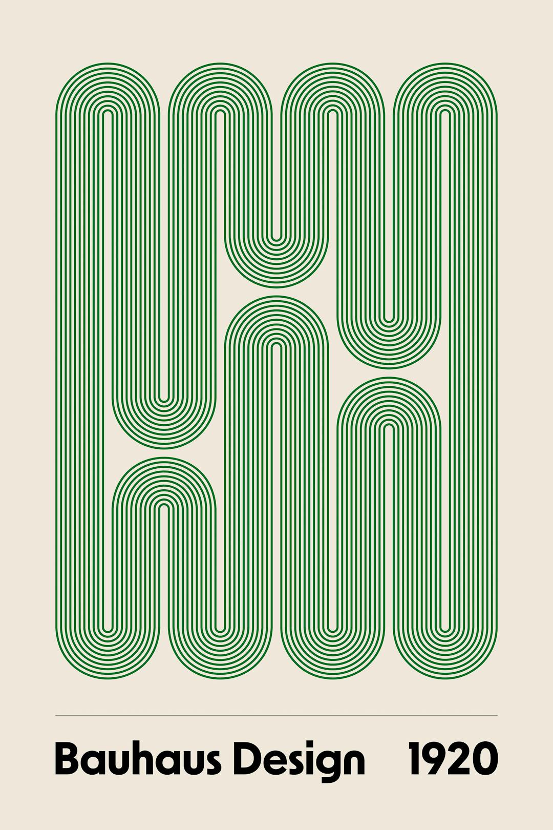 Affiche Bauhaus design avec des formes géométriques vertes entrelacées et le texte Bauhaus Design 1920 en bas.