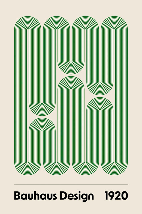 Affiche Bauhaus design avec des formes géométriques vertes entrelacées et le texte Bauhaus Design 1920 en bas.