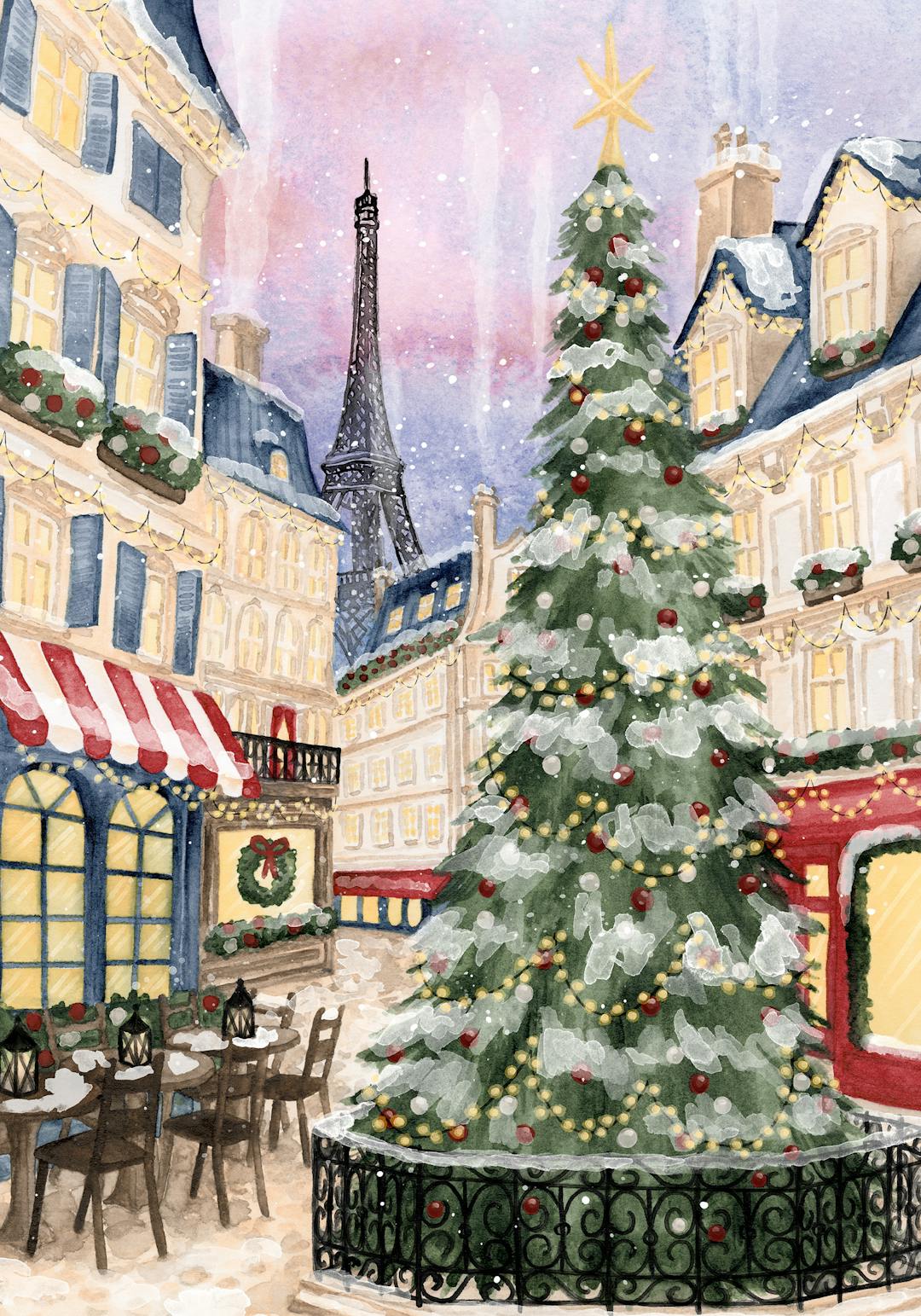 Affiche de Noël représentant une rue de Paris enneigée avec un grand sapin décoré, des bâtiments aux toits bleus et la Tour Eiff